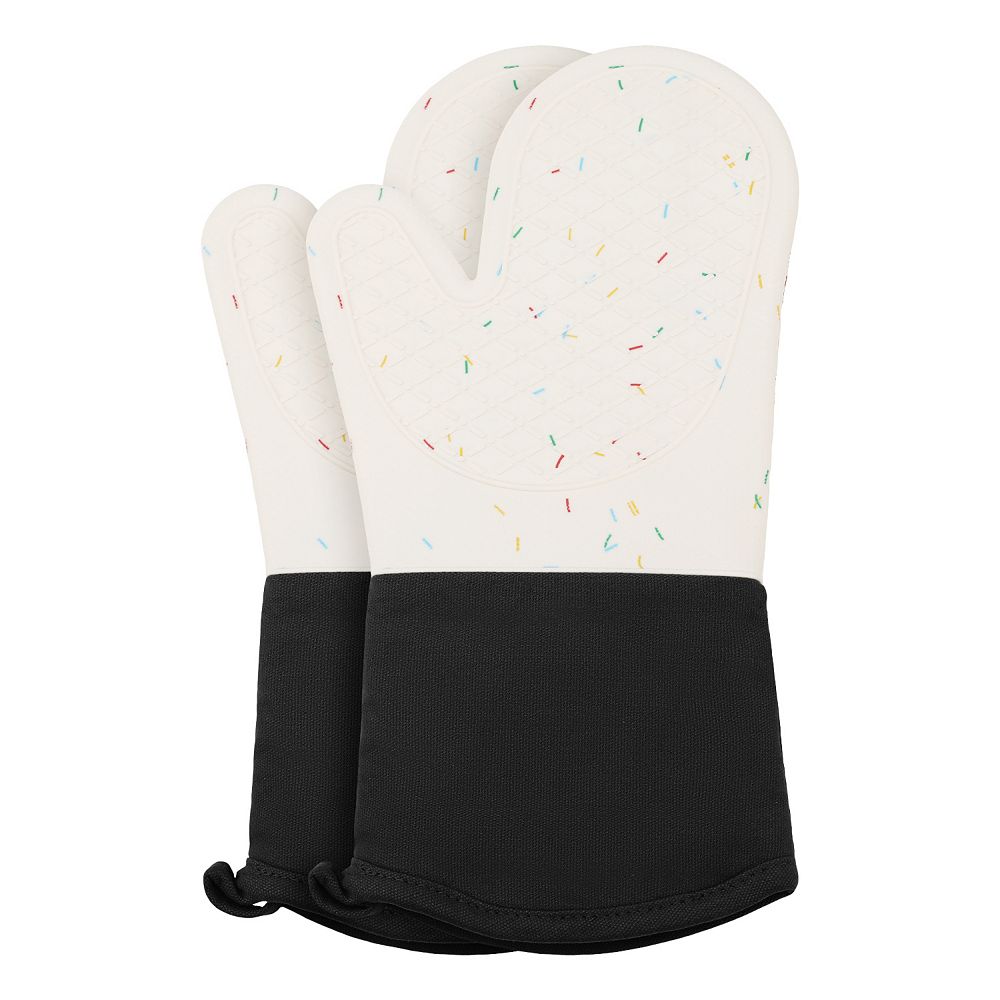2Pcs Silicone and Cotton Oven Mitts, Heat Resistant and Waterproof Cooking Gloves 11.4x7.3x7.3 inch - Black