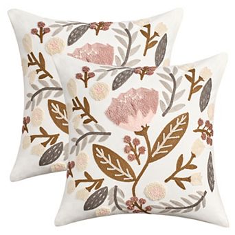 2 Packs Boho Decorative Throw Pillow Covers Embroidery Flowers Square Pillows for Sofa 18x18 Inch