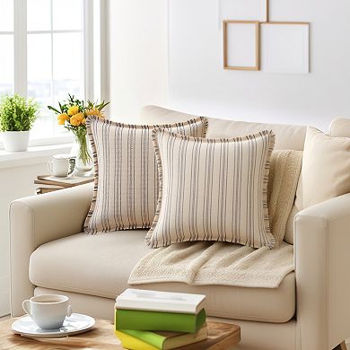 2Pcs Striped Decorative Throw Pillow Covers with Tassel Edge Modern Neutral Pillowcases 18x18 Inch
