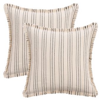 2 pc Striped Decorative Throw Pillow Covers with Tassel Edge Modern Neutral Pillowcases 18x18 Inch