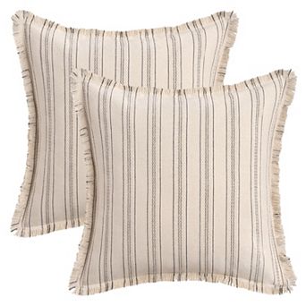 2 pc Striped Decorative Throw Pillow Covers with Tassel Edge Modern Neutral Pillowcases 18x18 Inch