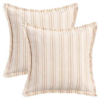 2 pc Striped Decorative Throw Pillow Covers with Tassel Edge Modern Neutral Pillowcases 18x18 Inch