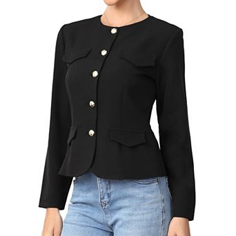 Business Casual Blazer Jackets for Women Long Sleeve Collarless Button Down Office Work Jacket