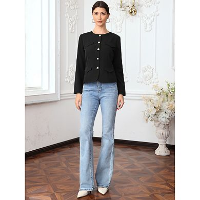 Business Casual Blazer Jackets for Women Long Sleeve Collarless Button Down Office Work Jacket