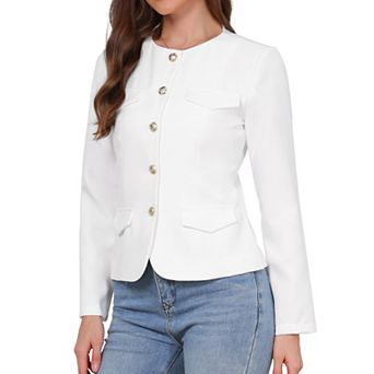 Business Casual Blazer Jackets for Women Long Sleeve Collarless Button Down Office Work Jacket
