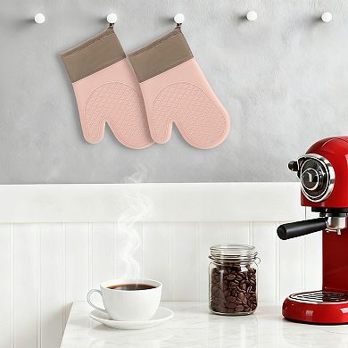 2Pcs Soft Silicone and Cotton Oven Mitts, Flexible Gripping Cooking Gloves for Baking 11.2x7.7 inch