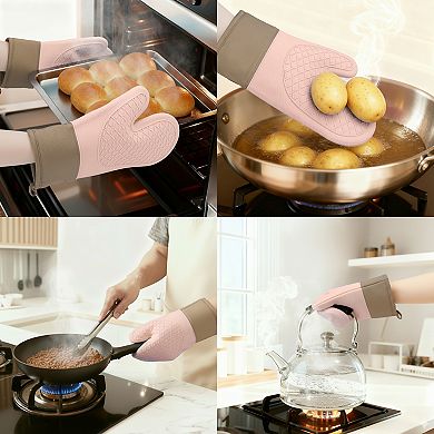 2Pcs Soft Silicone and Cotton Oven Mitts, Flexible Gripping Cooking Gloves for Baking 11.2x7.7 inch