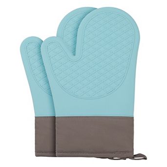 2 pc Soft Silicone and Cotton Oven Mitts, Flexible Gripping Cooking Gloves for Baking 11.2x7.7 inch