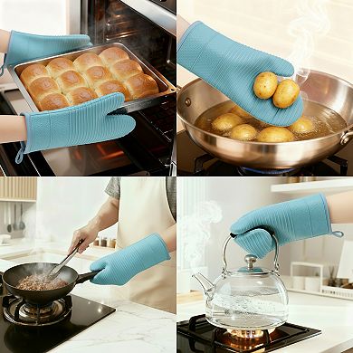 2Pcs Soft Silicone Oven Mitts, Heat Resistant and Waterproof Cooking Gloves 12.4x7.5 inch