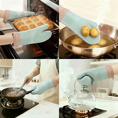 2Pcs Soft Silicone Oven Mitts, Heat Resistant and Waterproof Cooking Glove, Thick Lining 13x7.5 inch