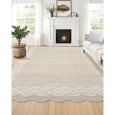 Scalloped Washable Area Rugs Floor Cover,Stain Resistant Easy Cleaning Throw Carpet