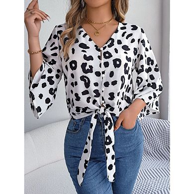 Women’s Button-Down V-Neck Tie-Front 3/4 Bell Sleeve Chiffon Top Casual Cheetah Print Blouse
