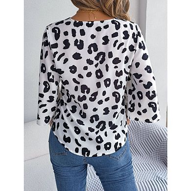 Women’s Button-Down V-Neck Tie-Front 3/4 Bell Sleeve Chiffon Top Casual Cheetah Print Blouse
