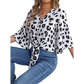 Women’s Button-Down V-Neck Tie-Front 3/4 Bell Sleeve Chiffon Top Casual Cheetah Print Blouse