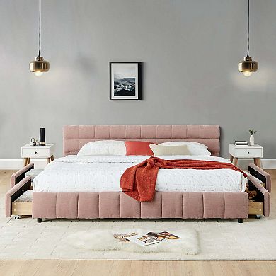 California King Upholstered Platform Bed with Storage Drawer and Chenille Headboard