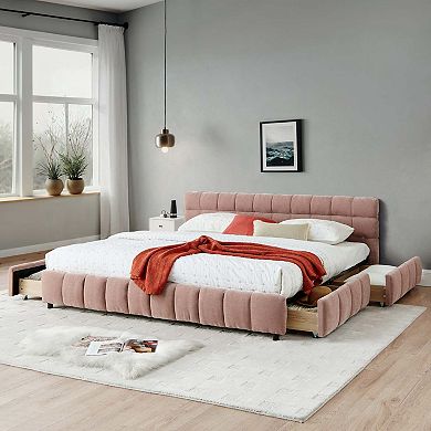 California King Upholstered Platform Bed with Storage Drawer and Chenille Headboard