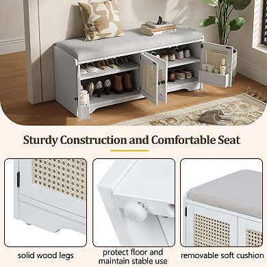 Rustic Wood Entryway Storage Bench with Cushion and Rattan Doors