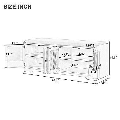 Rustic Wood Entryway Storage Bench with Cushion and Rattan Doors