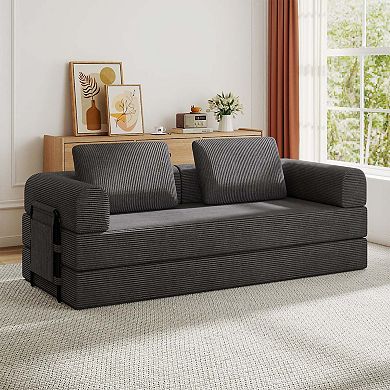 Convertible Corduroy Sleeper Sofa Bed with Foldable Design and Cylindrical Pillows
