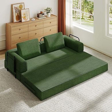 Convertible Corduroy Sleeper Sofa Bed with Foldable Design and Cylindrical Pillows