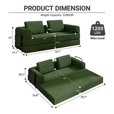 Convertible Corduroy Sleeper Sofa Bed with Foldable Design and Cylindrical Pillows