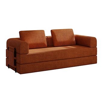 Convertible Corduroy Sleeper Sofa Bed with Foldable Design and Cylindrical Pillows