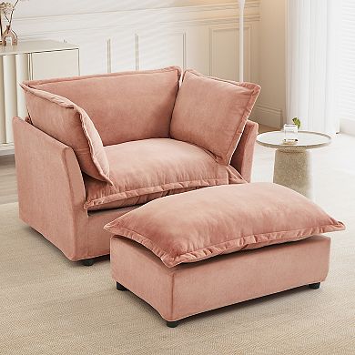 Whisen Chenille Armchair Sofa with Movable Ottoman, Wide Seat, Curved Armrests and Soft Pillows