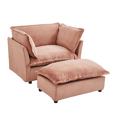 Whisen Chenille Armchair Sofa with Movable Ottoman, Wide Seat, Curved Armrests and Soft Pillows