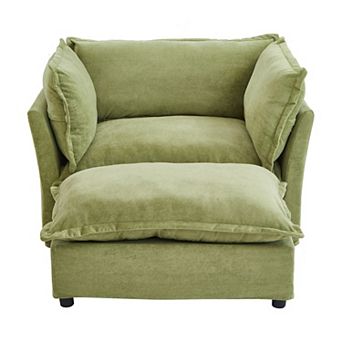 Whisen Chenille Armchair Sofa with Movable Ottoman, Wide Seat, Curved Armrests and Soft Pillows