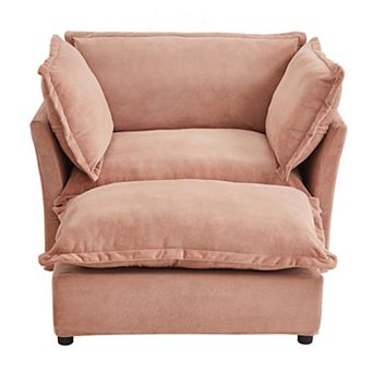 Whisen Chenille Armchair Sofa with Movable Ottoman, Wide Seat, Curved Armrests and Soft Pillows