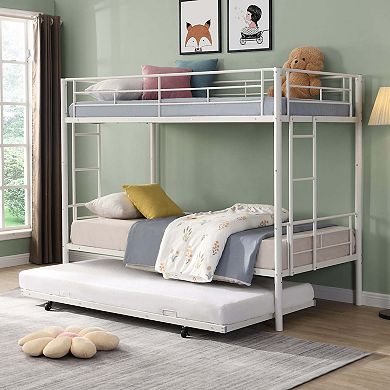 Metal Twin Over Twin Bunk Bed with Pull Out Trundle and Safety Rails