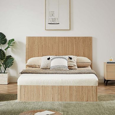 Queen Hydraulic Lift Storage Bed Frame with Wooden Curved Design and Slat Support
