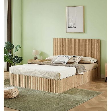 Queen Hydraulic Lift Storage Bed Frame with Wooden Curved Design and Slat Support