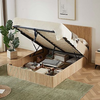Queen Hydraulic Lift Storage Bed Frame with Wooden Curved Design and Slat Support