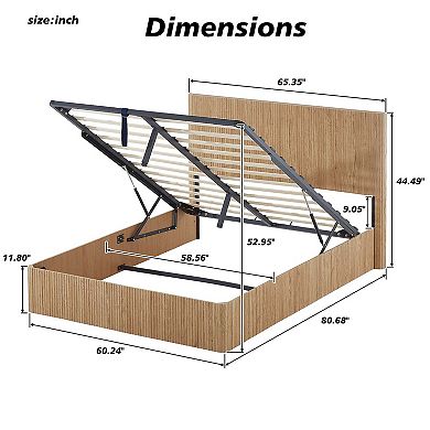 Queen Hydraulic Lift Storage Bed Frame with Wooden Curved Design and Slat Support