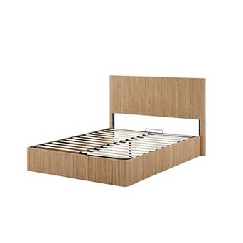 Queen Hydraulic Lift Storage Bed Frame with Wooden Curved Design and Slat Support