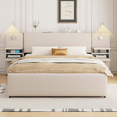 Queen Upholstered Platform Bed with Reading Lights Storage Headboard Drawers and Trundle