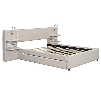 Queen Upholstered Platform Bed with Reading Lights Storage Headboard Drawers and Trundle