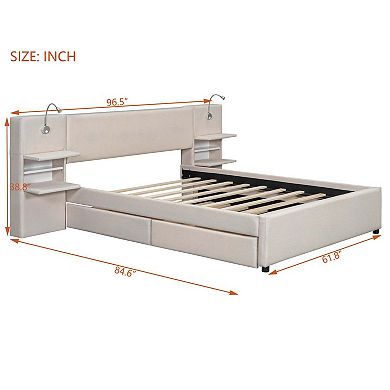 Queen Upholstered Platform Bed with Reading Lights Storage Headboard Drawers and Trundle