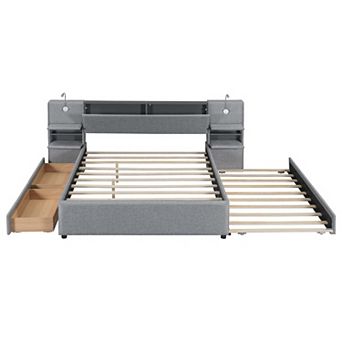 Queen Upholstered Platform Bed with Reading Lights Storage Headboard Drawers and Trundle