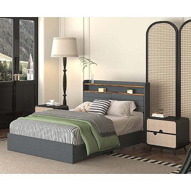 Queen Bed Frame with Storage Drawers LED Headboard Charging Station and No Box Spring Needed
