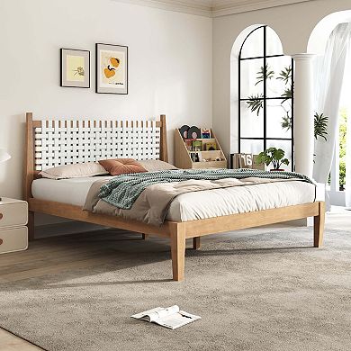 Queen Platform Bed with Woven White Leather Back and Natural Wood Frame