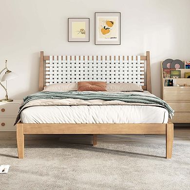 Queen Platform Bed with Woven White Leather Back and Natural Wood Frame