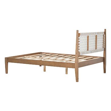 Queen Platform Bed with Woven White Leather Back and Natural Wood Frame