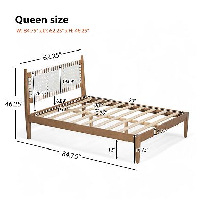 Queen Platform Bed with Woven White Leather Back and Natural Wood Frame