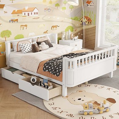 Kids Wood Platform Bed with Safety Rails and Storage Drawers