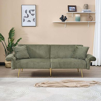79 Inch Corduroy Sofa Bed with Folding Armrests for Small Spaces