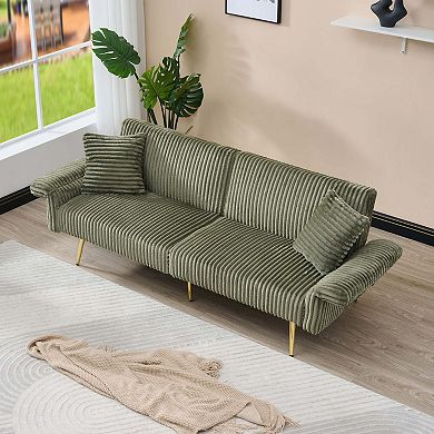 79 Inch Corduroy Sofa Bed with Folding Armrests for Small Spaces