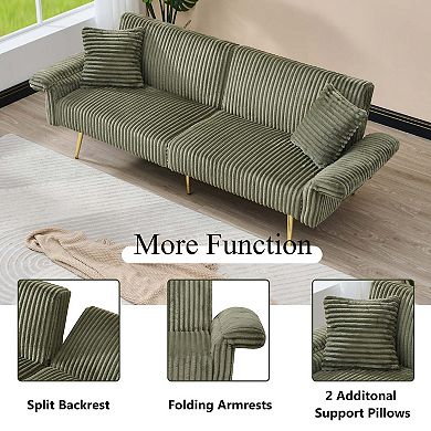 79 Inch Corduroy Sofa Bed with Folding Armrests for Small Spaces