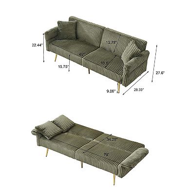 79 Inch Corduroy Sofa Bed with Folding Armrests for Small Spaces